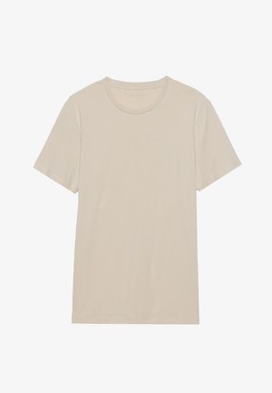 T-shirt beige clair à manches courtes fabriqué en tissu doux ; il possède un col rond et un design simple sans motifs ni accents.