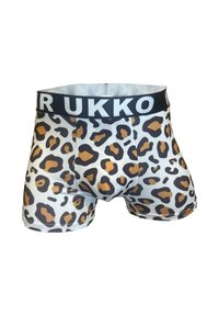 Boxerit leopardikuosis, jossa on valkoinen tausta ja mustia sekä oransseja laikkuja. Pittävä vyötärö, jossa on brändin nimi "UR UKKO."