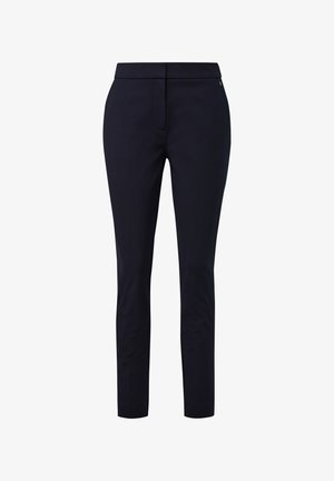 Tailored navy trousers made from a soft fabric, featuring a slim fit, front pockets, and a smooth waistband with slight sheen.