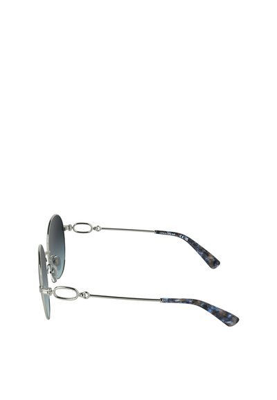 Occhiali da sole rotondi con lenti grigie, montatura in metallo argento e aste in acetato blu a righe. Presentano dettagli decorativi e accenti ovali.
