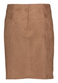 Brun mockaskinnspenna kjol med hög midja, bakdragkedja och vertikala sömmar för en skräddarsydd look.