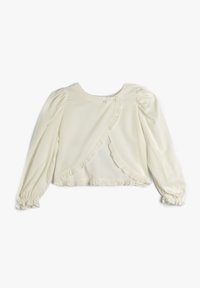 Weiße Bluse mit langen Ärmeln und puffigen Ärmeln, Rüsche entlang der Vorderseite und Knopfdetails am Ausschnitt. Glatte Stofftextur.