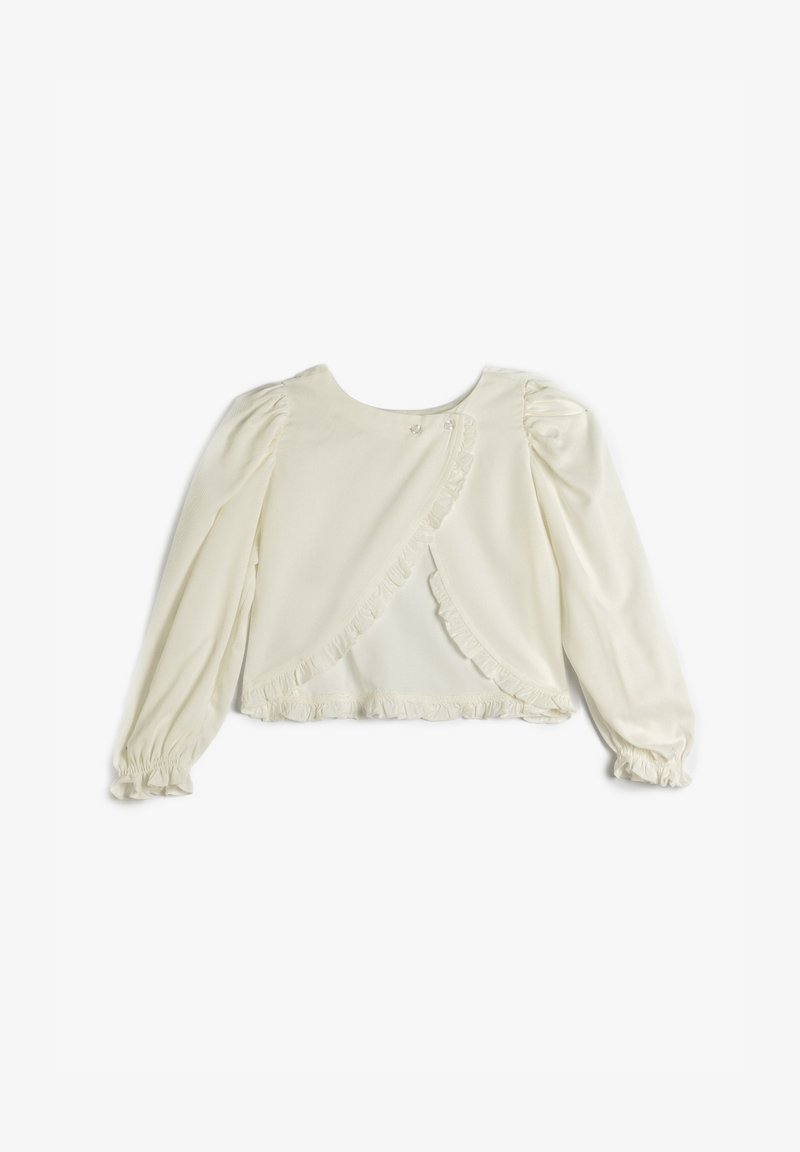 Hvid, langærmet bluse med puffede ærmer, flæsekanter foran og knapdetaljer ved halsudskæringen. Glat stofstruktur.