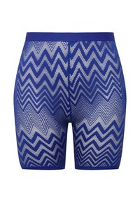 Blauwe mesh shorts met een zigzagpatroon, met een effen tailleband en een lichtgewicht, ademende textuur die geschikt is voor sportkleding.