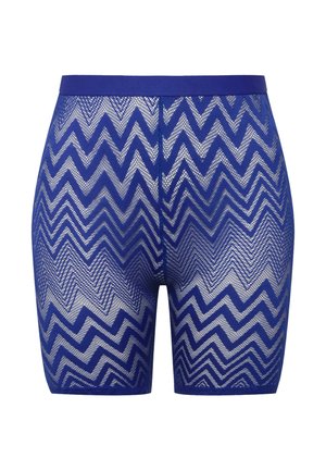Blaue Mesh-Shorts mit einem Zickzackmuster, ausgestattet mit einem festen Bund und einer leichten, atmungsaktiven Textur, die sich gut für Sportbekleidung eignet.