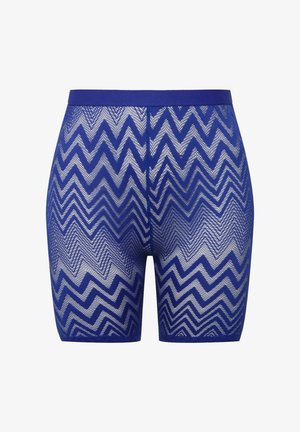 Blauwe mesh shorts met een zigzagpatroon, met een effen tailleband en een lichtgewicht, ademende textuur die geschikt is voor sportkleding.