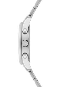 Silberner Edelstahlarmbanduhr mit rundem Gehäuse, zwei Druckknöpfen und einer strukturierten Krone. Polierte und satinierte Oberfläche am Armband.