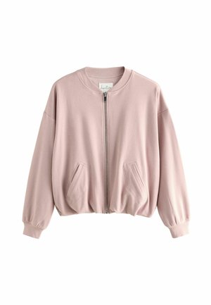 Blouson bomber rose pâle à manches longues, fermeture zippée, col, poignets et ourlet côtelés, deux poches avant en biais, présenté sur fond blanc uni.