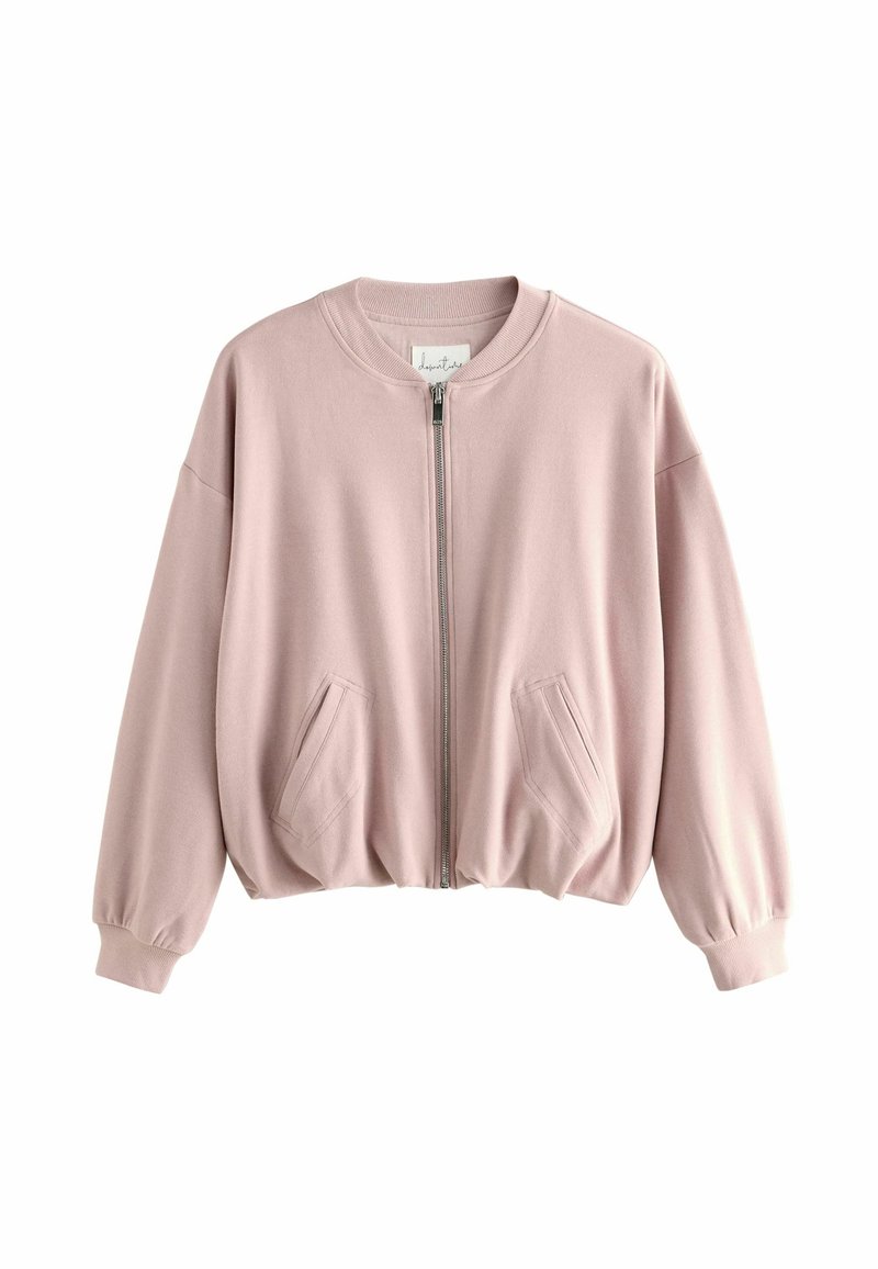 Blouson bomber rose pâle à manches longues, fermeture zippée, col, poignets et ourlet côtelés, deux poches avant en biais, présenté sur fond blanc uni.