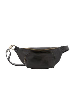 Marsupio in pelle nera con una texture liscia, dotato di un ampio scomparto con zip e una tasca frontale più piccola con zip, completato da dettagli dorati.