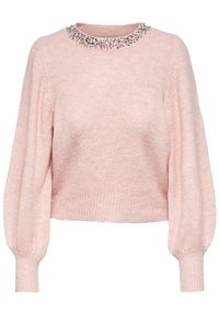 Ljusrosa stickad tröja med rund halsringning och dekorativa pärldetaljer. Har långa, ballongärmar och en kortad passform.