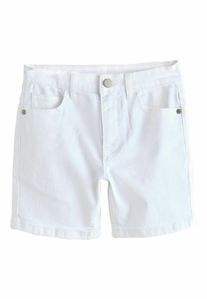 Hvide denimshorts med lige snit, der har forlommer, knaplukning og metal detaljer på lommekanterne. Blød stoftekstur.