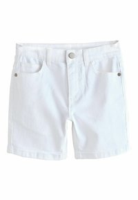 Hvide denimshorts med lige snit, der har forlommer, knaplukning og metal detaljer på lommekanterne. Blød stoftekstur.