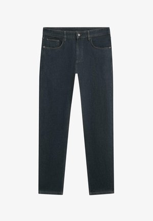 Dark blue denim jeans with classic five-pocket design, button closure, and straight-leg fit displayed flat on a white background.