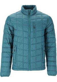 Kraftig, quilted pufferjakke i teal med høj krave. Har en lynlåslomme på brystet og to sidelommer med lynlås. Fremstillet af letvægts, isolerende materiale.