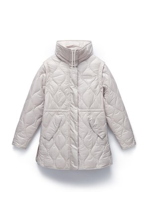 Puffy light gray coat with a high collar, featuring a quilted pattern, two front pockets, and a zip closure. Smooth, synthetic material.