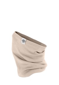 Beige fabric neck gaiter with a smooth texture, featuring an embroidered logo tag on the side and a seamless design.