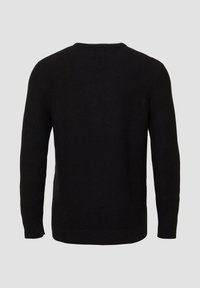 Schwarzer Pullover mit langen Ärmeln, der einen klassischen Rundhalsausschnitt sowie gerippte Bündchen und Saum aufweist. Aus strukturierter Strickware gefertigt. Rückansicht angezeigt.