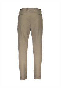 Pantalon en coton beige, coupe slim, avec deux poches arrière et des poignets roulés au niveau des chevilles. Texture lisse, design simple et contemporain.