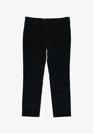 Pantalon en velours côtelé noir à jambes droites avec poches avant et passants de ceinture, étendu à plat sur un fond blanc.