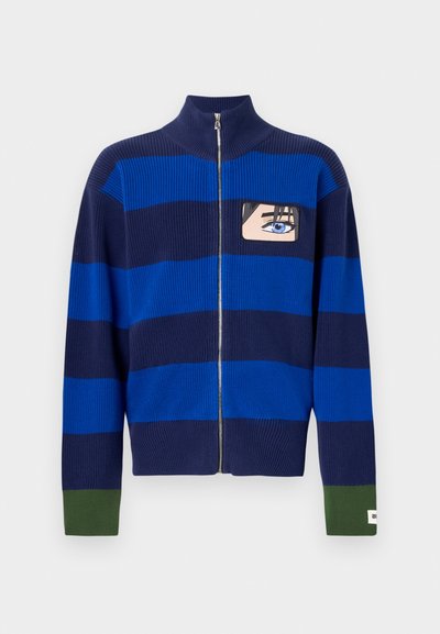 Blue and navy striped zip-up sweater with high collar, featuring a cartoon eye design on chest and green accents on cuffs.