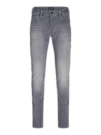 Helles graue Denimjeans mit schmaler Passform, ausgestattet mit fünf Taschen, einem Knopfverschluss und dezenten Ausbleichungen für Textur und Tiefe.