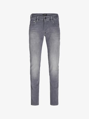 Jasnoszare dżinsy o dopasowanym kroju, z pięcioma kieszeniami, guzikiem w pasie oraz subtelnym efektem przetarcia dla uzyskania faktury i głębi.
