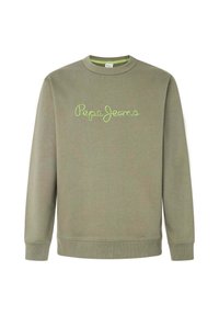 Oliwkowy sweter z okrągłym dekoltem i długimi rękawami, z haftem "Pepe Jeans" w jasnym zielonym kolorze na piersi.