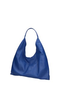 Grande borsa hobo blu in pelle con un'unica maniglia, texture morbida e forma sbilenca. Senza hardware visibile o motivi.