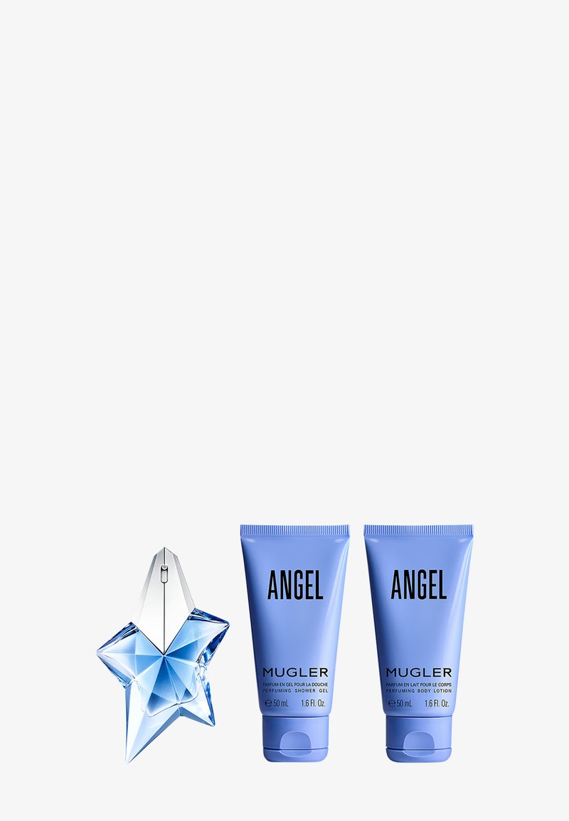 Flacon de parfum bleu en forme d'étoile et deux tubes bleus assortis étiquetés "Angel Mugler" gel douche et lotion pour le corps, chacun de 50 ml.