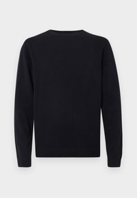 Pull noir à manches longues avec col rond, poignets et ourlet côtelés, présenté sur un fond uni gris clair.