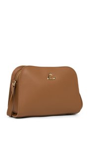 Brown faux leather shoulder bag with a gold heart-shaped accent, smooth texture, zip closure, and a detachable strap. Classic rounded shape.