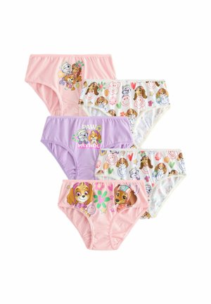 Quattro paia di mutandine per bambini in cotone. I colori includono rosa, viola e bianco, con personaggi di cani dei cartoni animati e motivi giocosi.