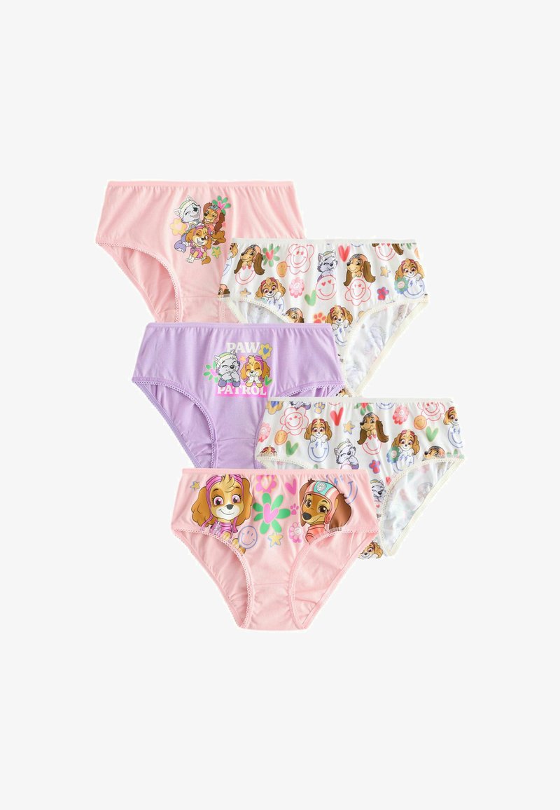 Cinco pares de ropa interior infantil con personajes coloridos de perros de Paw Patrol y patrones florales y de caritas sonrientes en tela rosa, morada y blanca.
