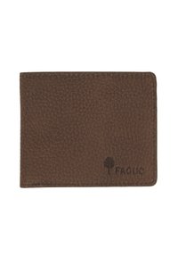 Portefeuille en cuir brun texturé avec des coutures visibles et un petit logo d'arbre avec le mot "FAGUO" embossé dans le coin inférieur droit.