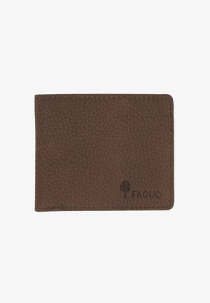 Bruine leren portemonnee met een textuur, zichtbaar stiksel en een klein boomlogo met het woord "FAGUO" geprint in de rechterbenedenhoek.