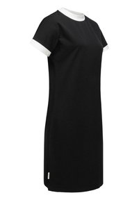 Schwarzes kurzärmliges Kleid mit weißem Kragen und Manschetten, aus glattem Stoff gefertigt. Verfügt über einen geraden Schnitt und dezente Seitennähte.