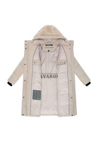 Beige gepolsterter Mantel mit Kapuze aus Kunstfell, Reißverschluss und schwarzen gerippten Bündchen. Das Innere verfügt über mehrere Taschen und ein Markenlogo.