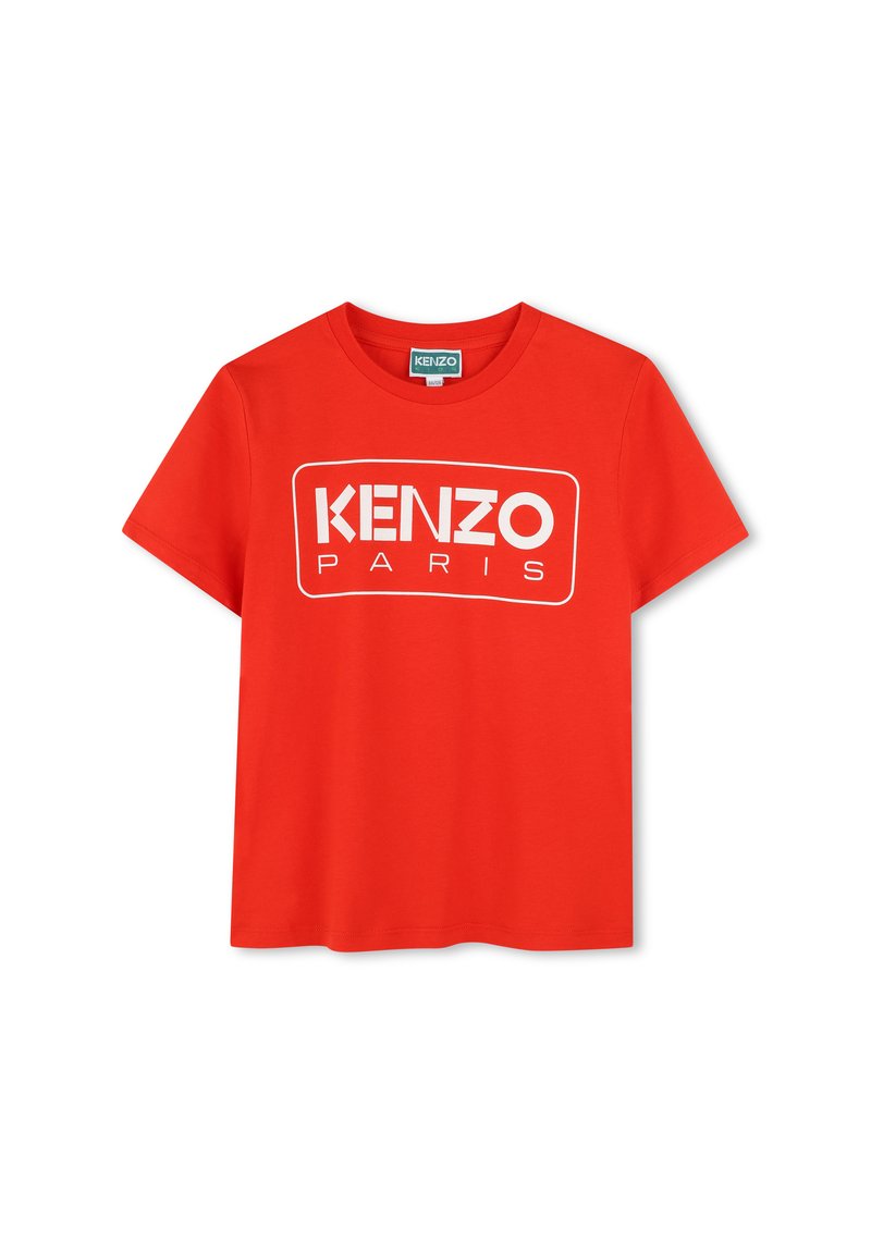 Rode katoenen t-shirt met een witte "KENZO PARIS" logo in een rechthoekig ontwerp. Korte mouwen en een klassieke ronde hals.
