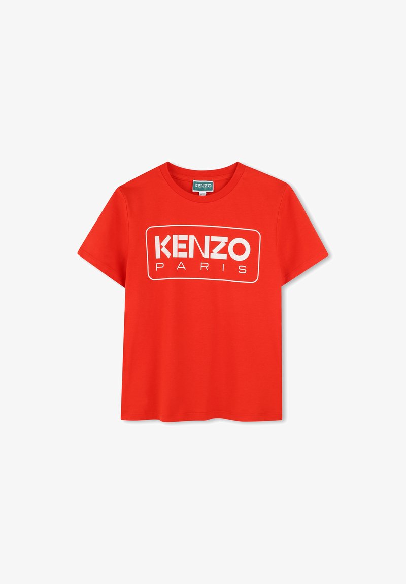 Rode katoenen t-shirt met een witte "KENZO PARIS" logo in een rechthoekig ontwerp. Korte mouwen en een klassieke ronde hals.