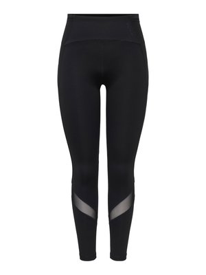 Colanți negri cu talie înaltă și panouri diagonale din plasă pe părțile inferioare ale picioarelor, proiectați pentru îmbrăcăminte sport.