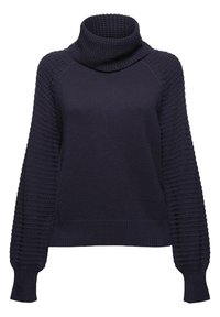 Pull à col roulé en maille bleu marine avec manches longues texturées et poignets et ourlet côtelés.