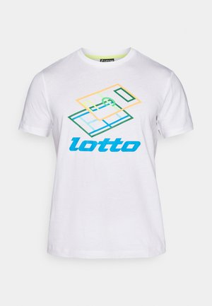 White cotton t-shirt featuring a multicolored graphic design and "lotto" text in blue. Short sleeves and round neckline.