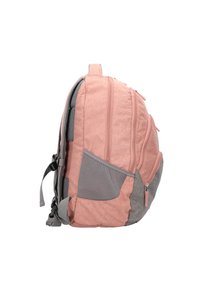 Zaino in tessuto rosa e grigio con accentuazioni in rete, compartimenti con cerniera multipli, spallacci regolabili e una finitura texture.