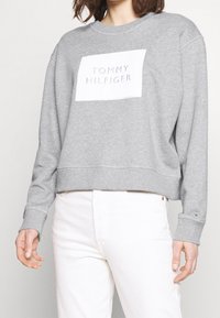 Gray sweatshirt with a crew neckline and long sleeves. Features a central white patch with "TOMMY HILFIGER" in bold letters.