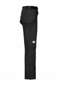 Pantaloni neri in materiale sintetico, con una cintura dotata di una fascia brandizzata, tasche laterali e un design a gamba affusolata.