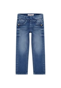 Ljust blå denimjeans med rak passform, fem fickor och detaljer i guldfärg. Har subtila blekningar och en mjuk textur.