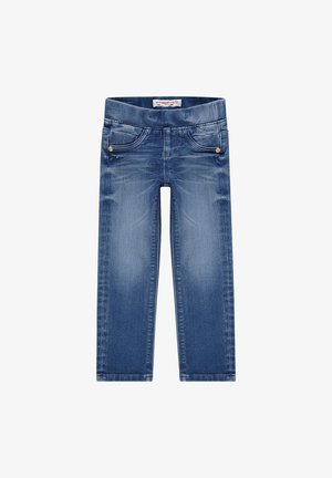 Jean en denim bleu clair à coupe droite, avec cinq poches et accents en matériel doré. Présente un léger délavage et une texture douce.