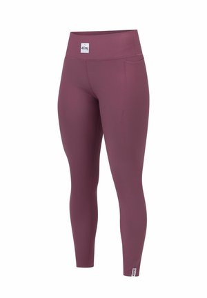 Sportliche Leggings in einem tiefen Mauve-Ton, aus geripptem Stoff, mit einem breiten Taillenbund und einer kleinen Seitentasche.