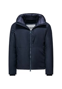 Giacca imbottita blu navy con chiusura frontale a zip, colletto alto e maniche lunghe con polsini interni regolabili.